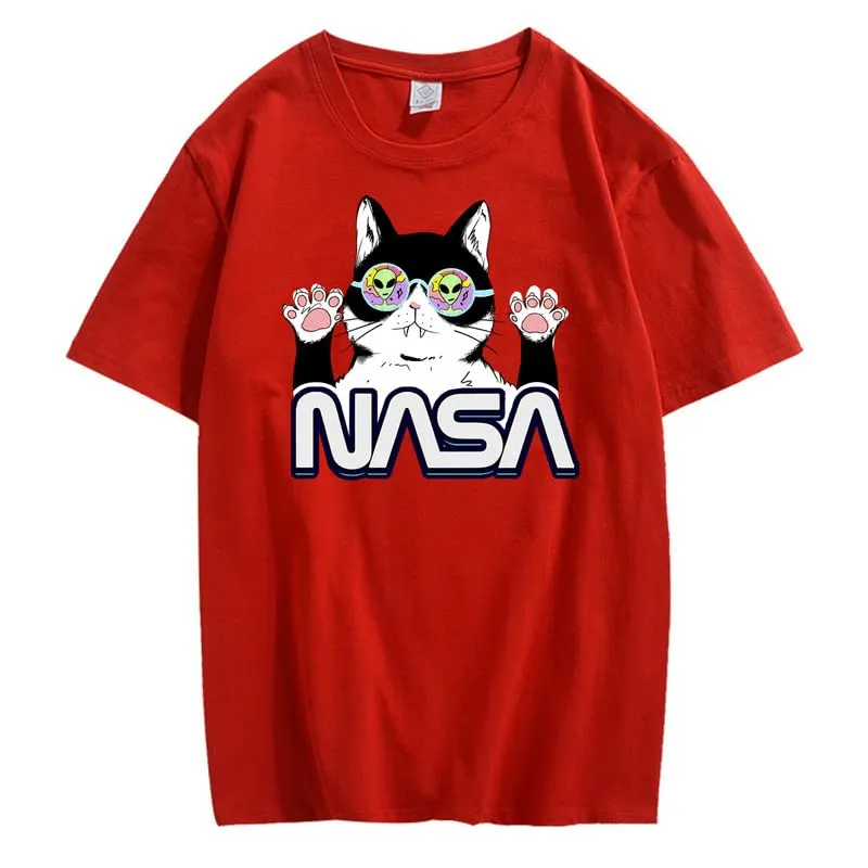 CORIRESHA Teen's NASA T-Shirt Casual Crewneck Short Sleeve Cute Cat Top