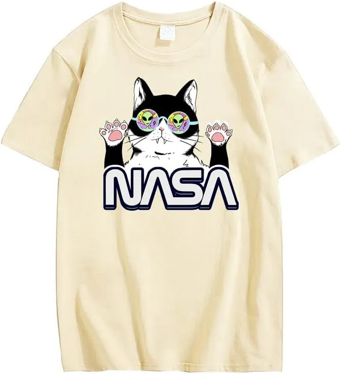 CORIRESHA Teen's NASA T-Shirt Casual Crewneck Short Sleeve Cute Cat Top