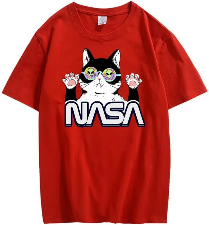 CORIRESHA Teen's NASA T-Shirt Casual Crewneck Short Sleeve Cute Cat Top