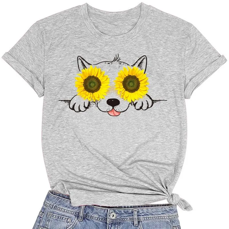 CORIRESHA Women's Cute Sunflower Graphic T Shirts Round Neck Short Sleeve Dog Lovers Clothing