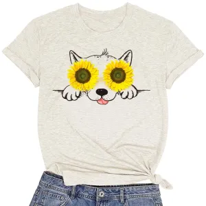 CORIRESHA Women's Cute Sunflower Graphic T Shirts Round Neck Short Sleeve Dog Lovers Clothing