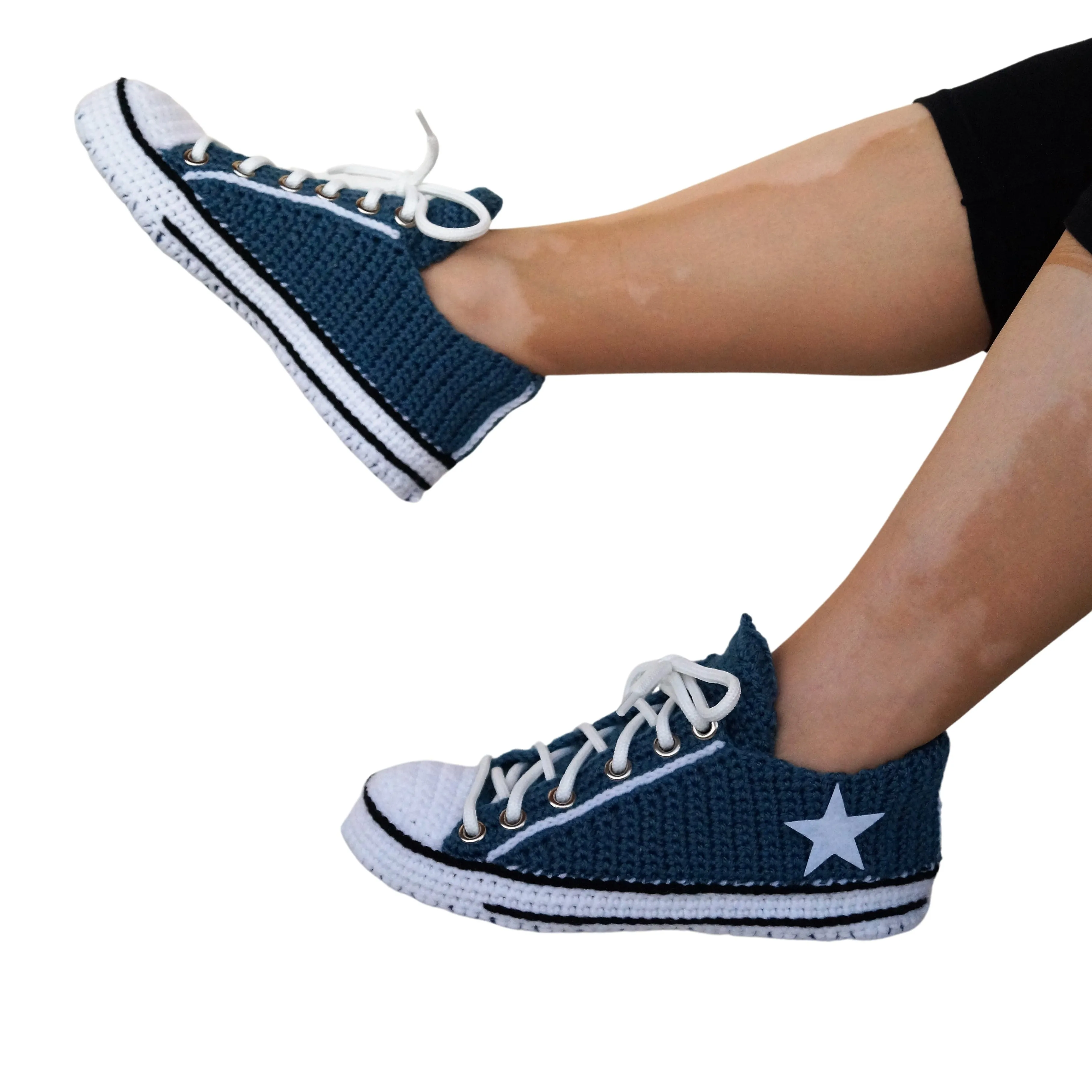 Crochet Knitted Navy Blue Converse Low Top Sneakers Slippers Classic Canvas Home Shoes