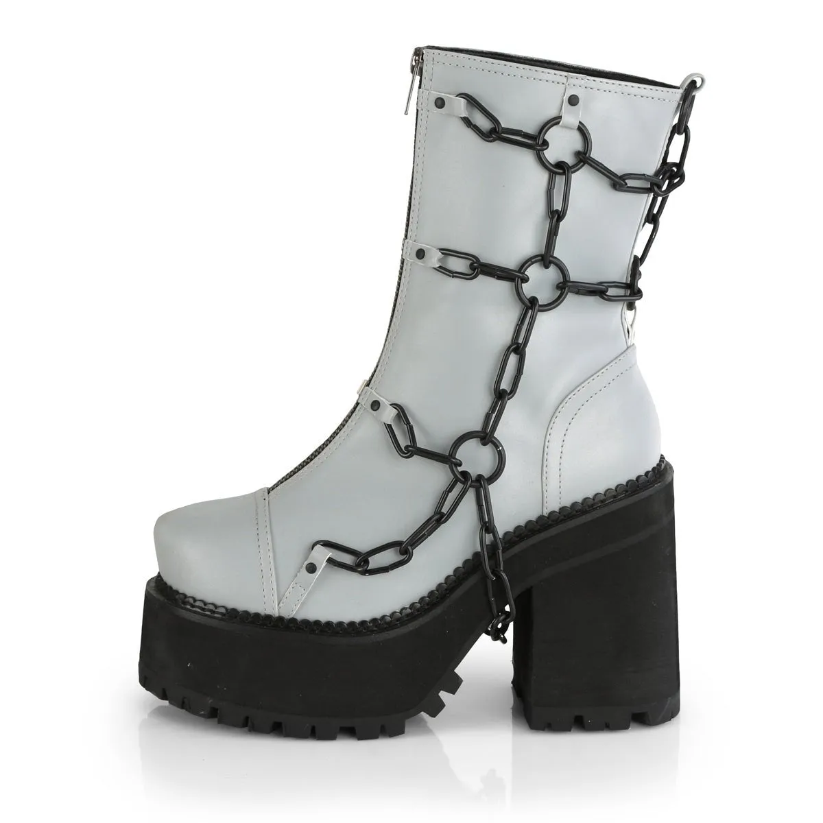 Demonia ASSAULT-66 | Grey Reflective Vegan Leather  Ankle Boots