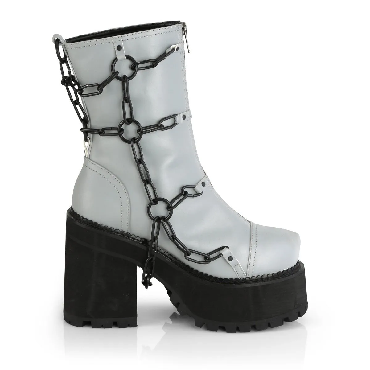 Demonia ASSAULT-66 | Grey Reflective Vegan Leather  Ankle Boots