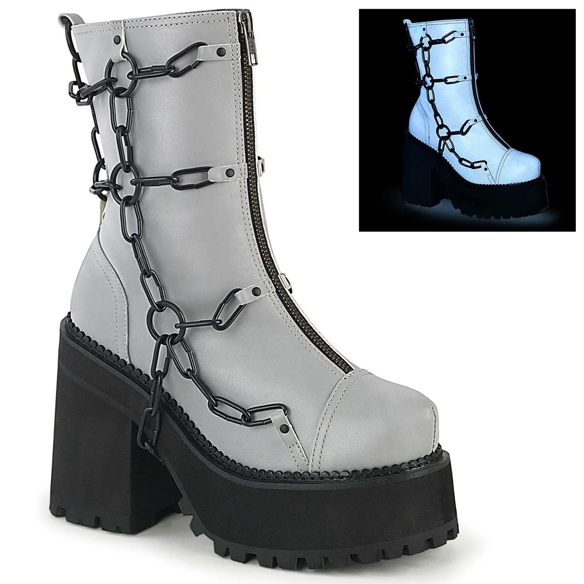 Demonia ASSAULT-66 | Grey Reflective Vegan Leather  Ankle Boots