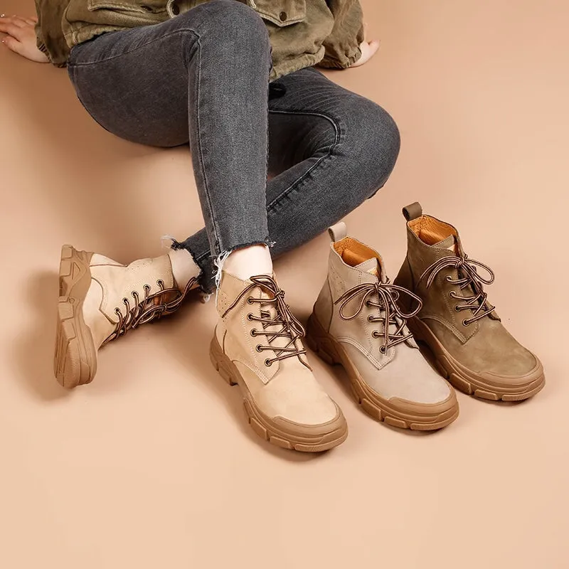 Designer Leather Short Boots Lace Up Combat Boots in Apricot/Khaki/Gray/Blue