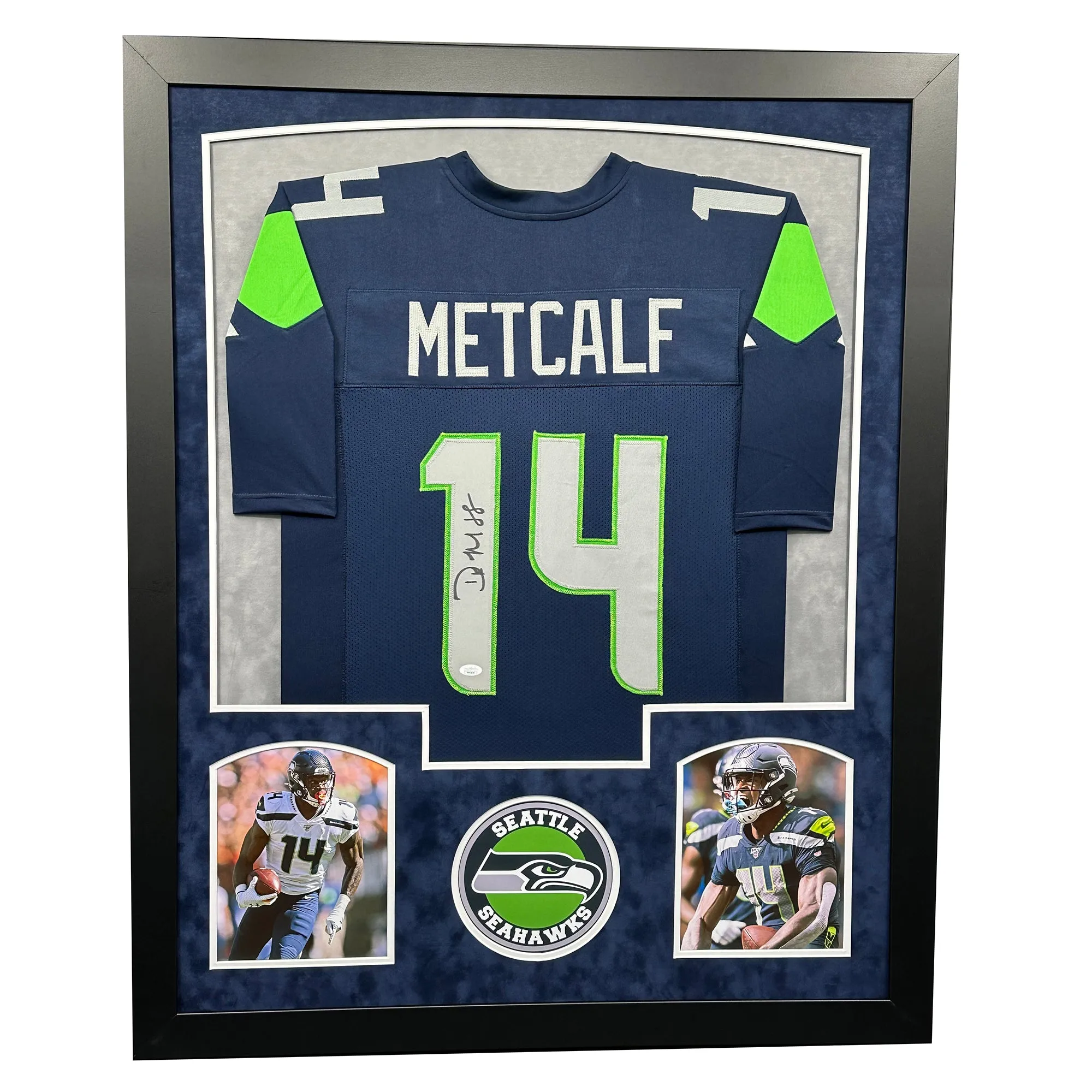 DK Metcalf Signed Seattle Blue Custom Double-Suede Framed football Jersey (JSA)