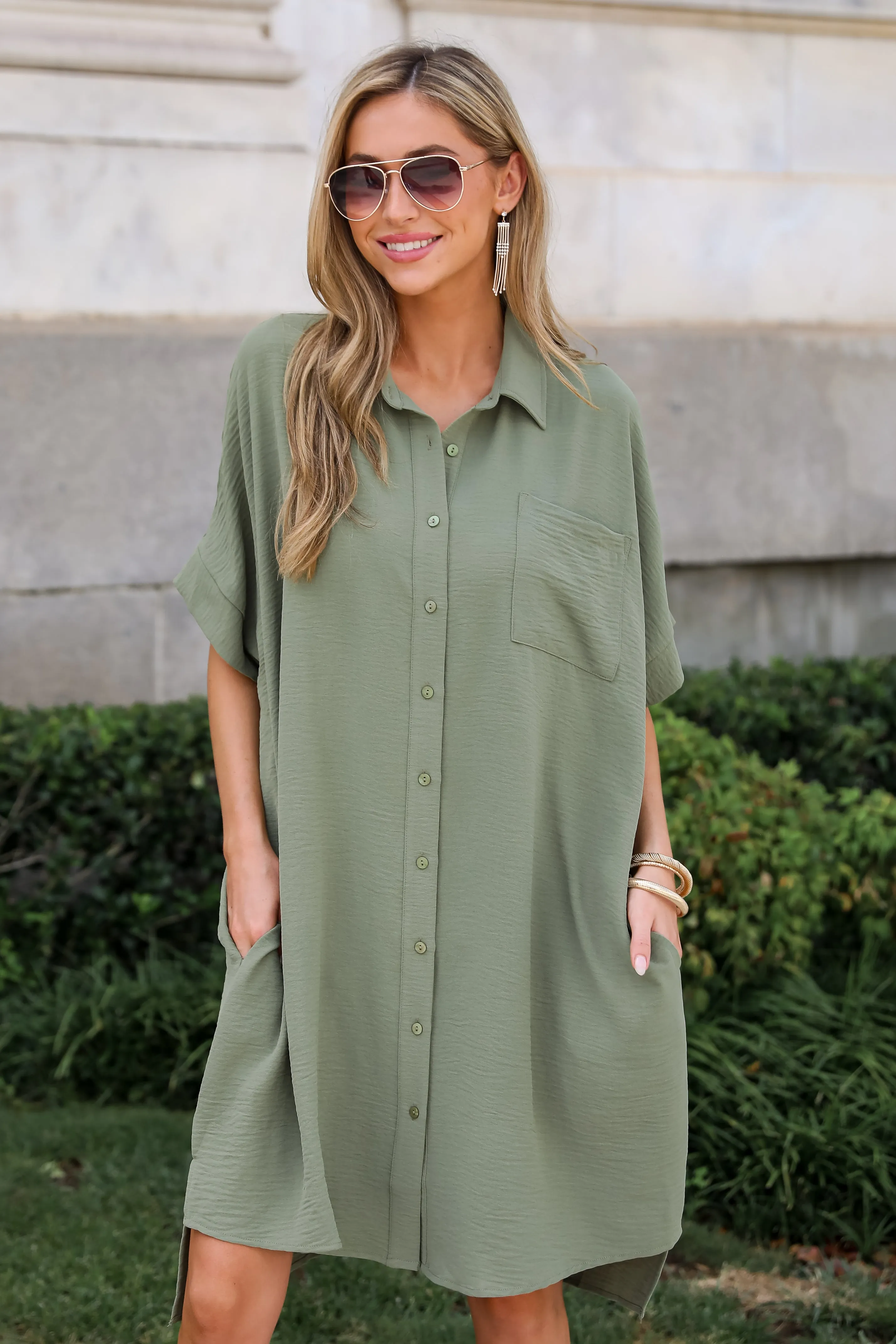 FINAL SALE - Composed Persona Green Button Front Midi Dress