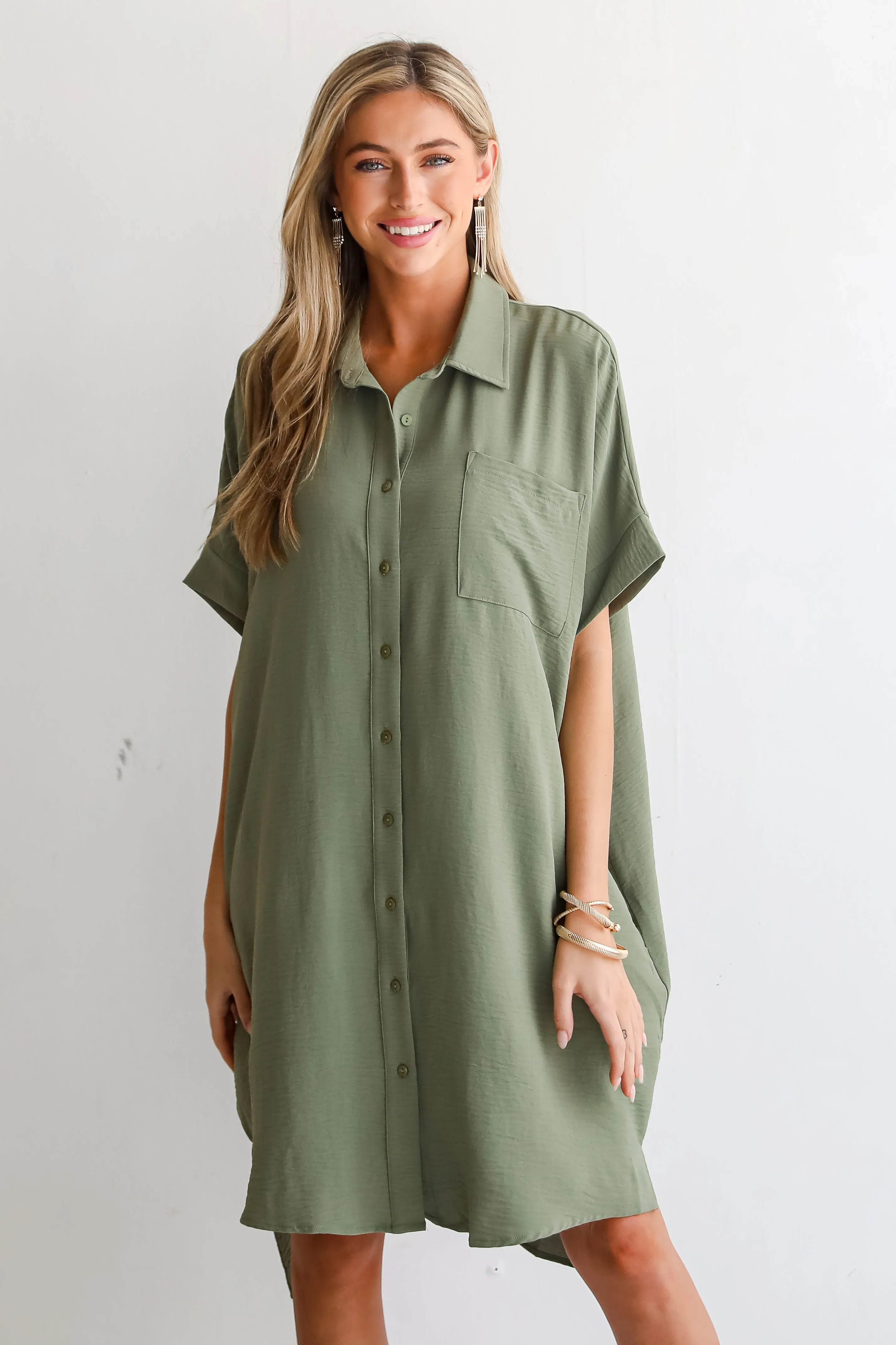 FINAL SALE - Composed Persona Green Button Front Midi Dress