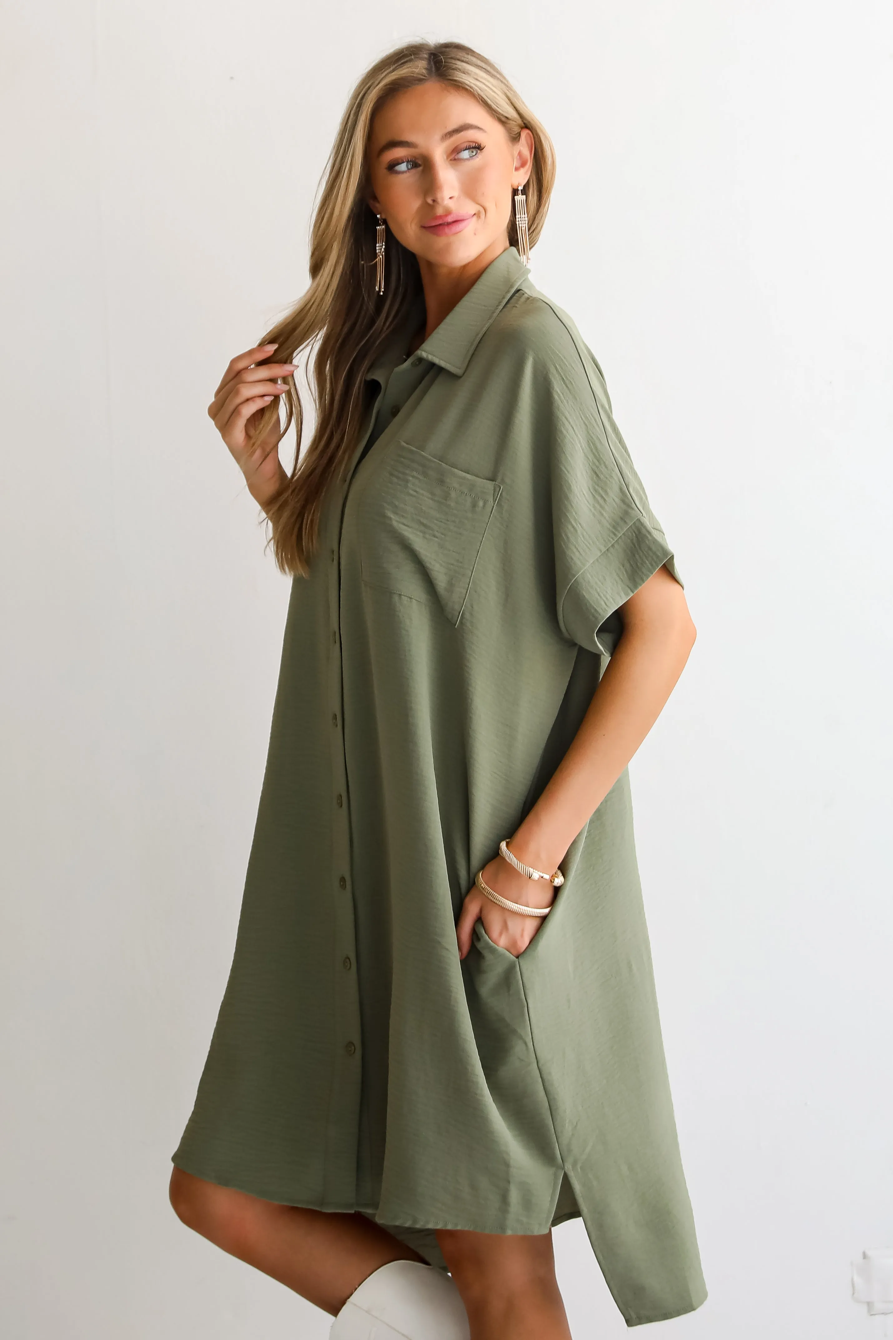 FINAL SALE - Composed Persona Green Button Front Midi Dress