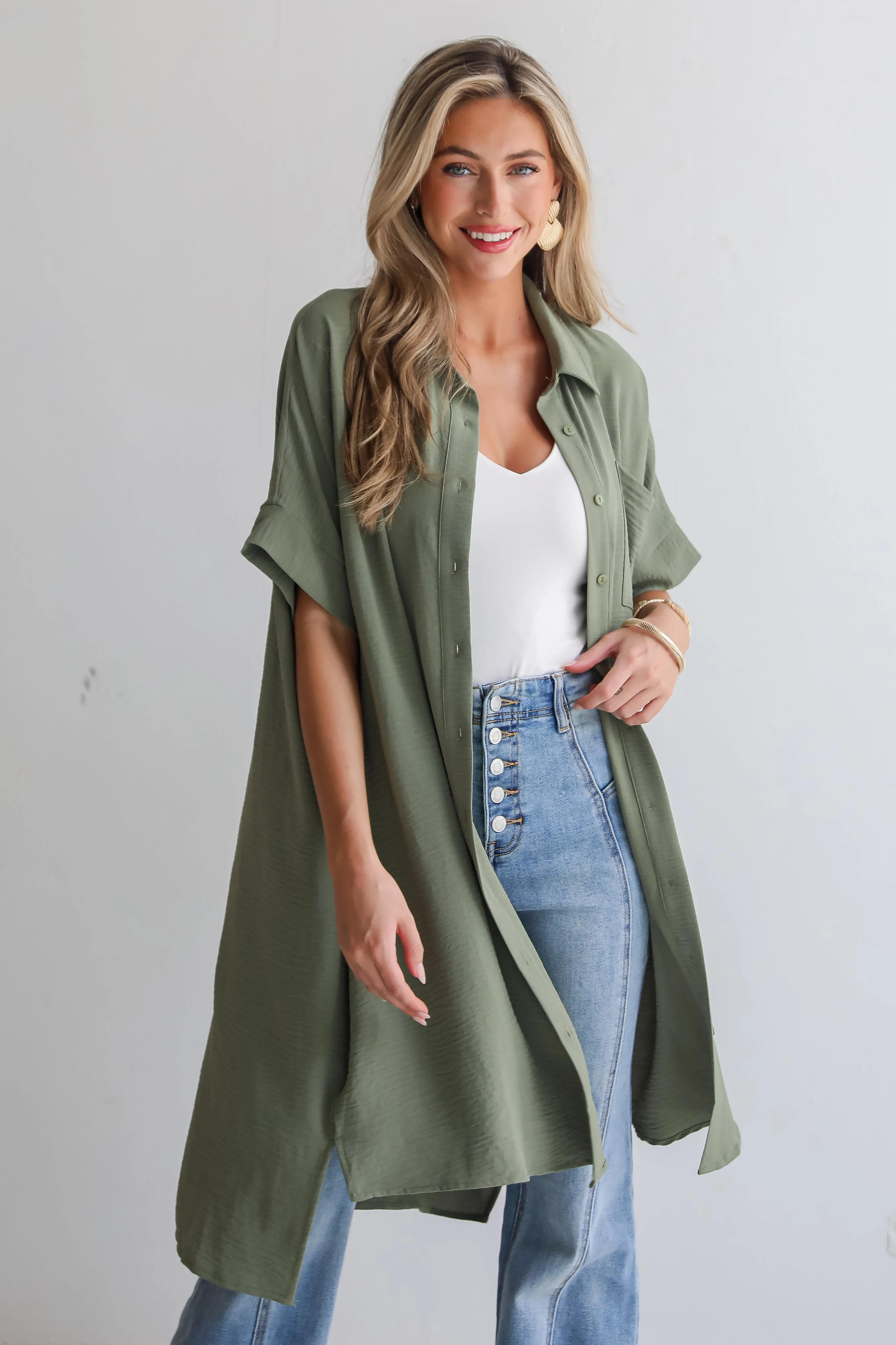 FINAL SALE - Composed Persona Green Button Front Midi Dress