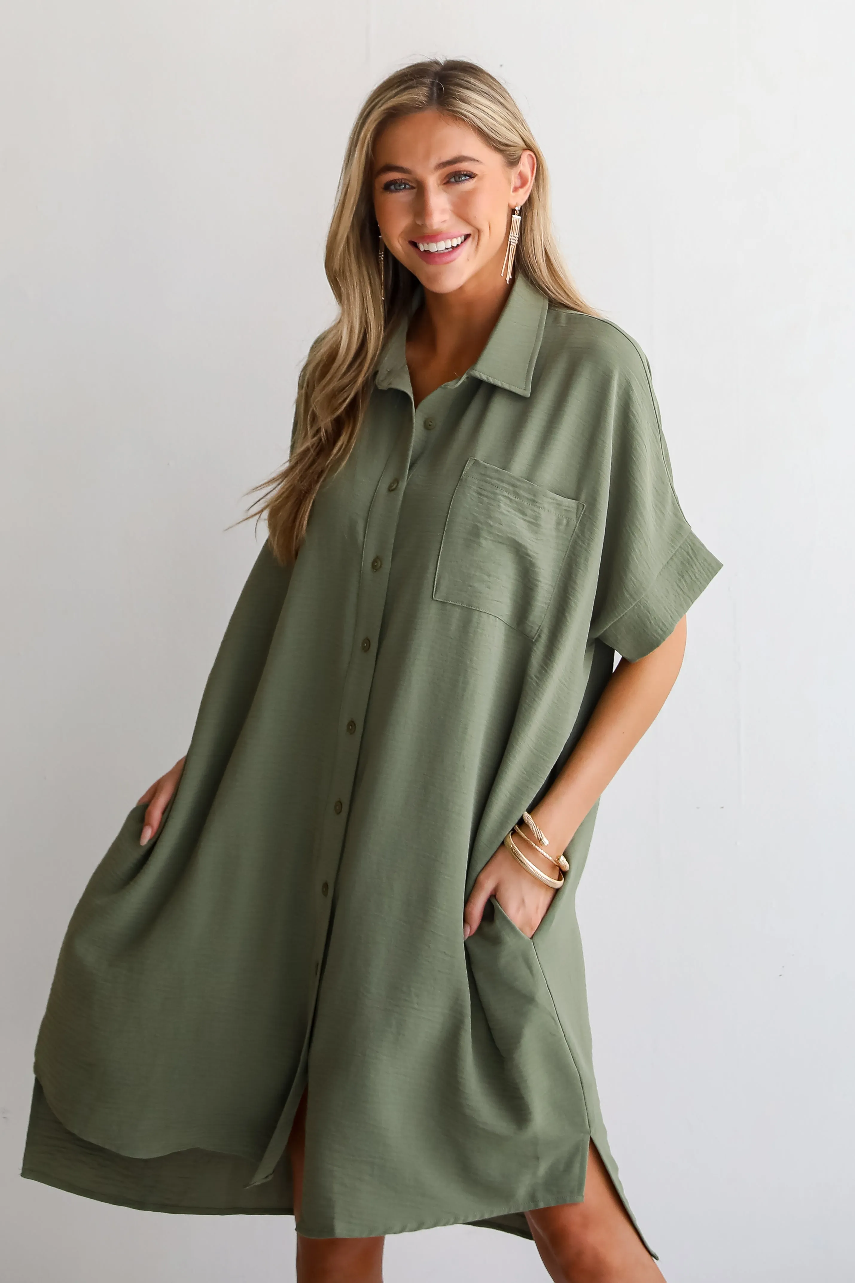 FINAL SALE - Composed Persona Green Button Front Midi Dress