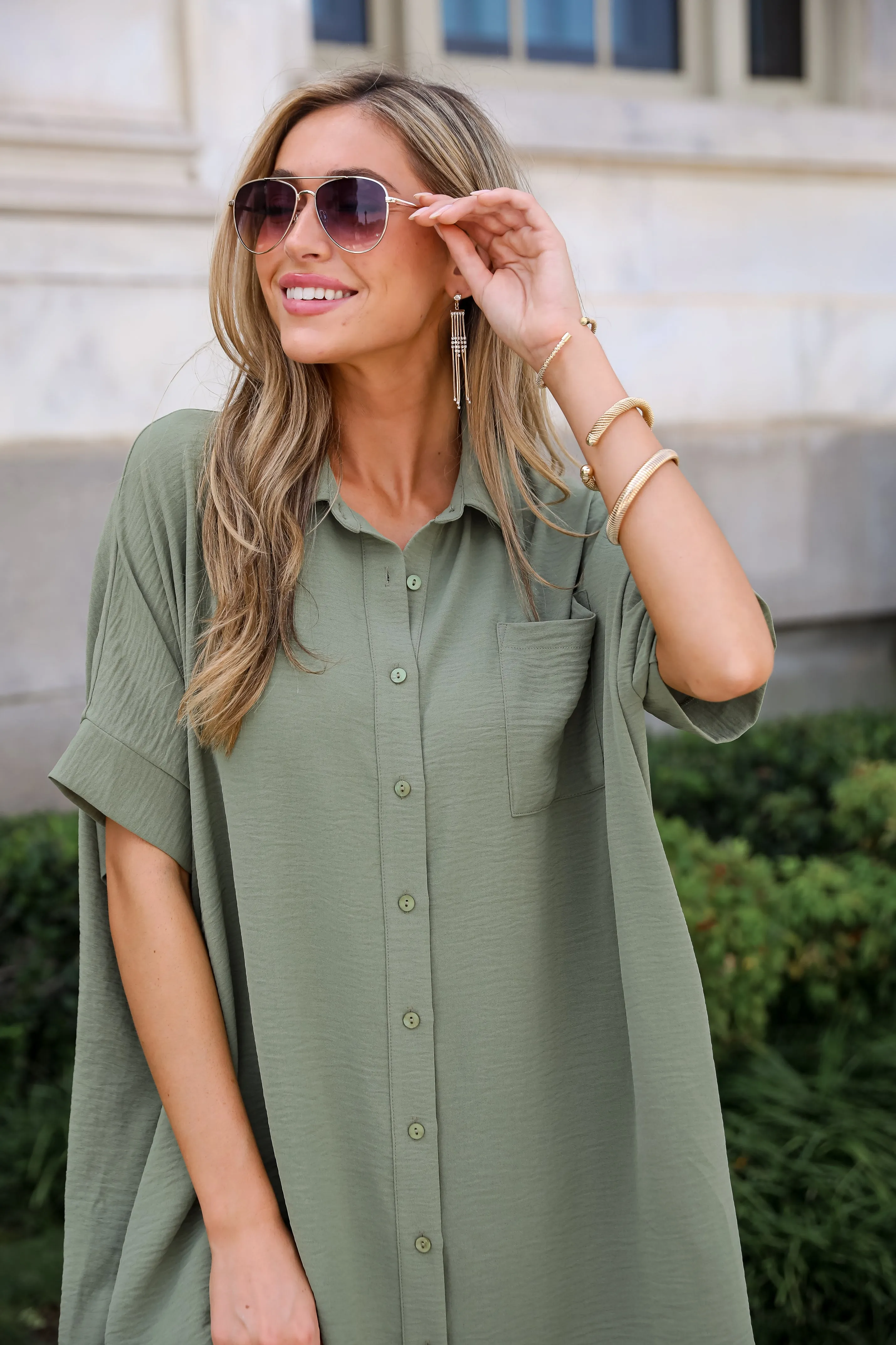 FINAL SALE - Composed Persona Green Button Front Midi Dress