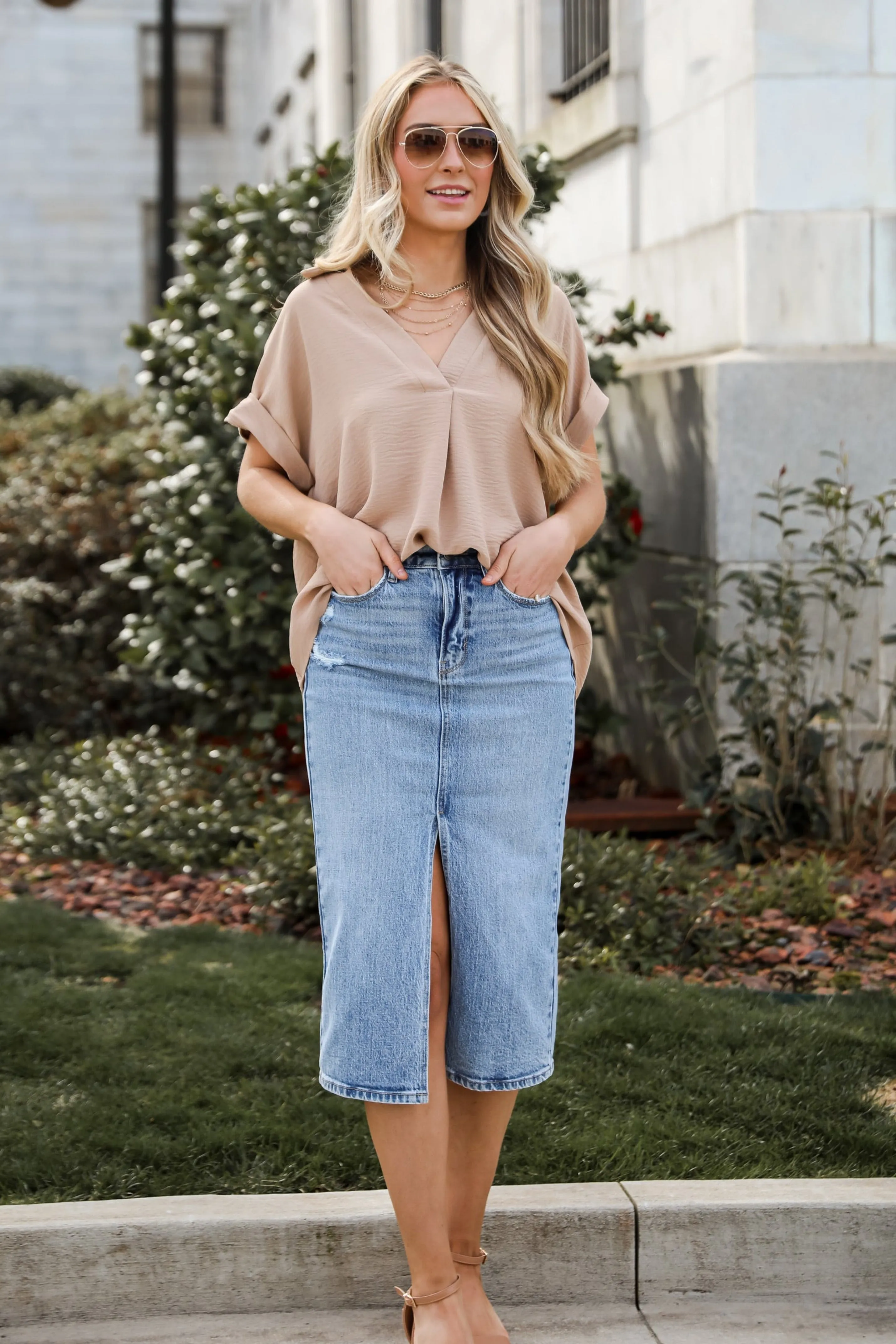 FINAL SALE - Make It Easy Medium Wash Denim Midi Skirt