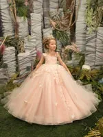 Flower Girl Dresses For Weddings Sleeveless Tulle Party Dress For Kids Girl Lace Appliques Princess Ball Gown Pageant MC2300