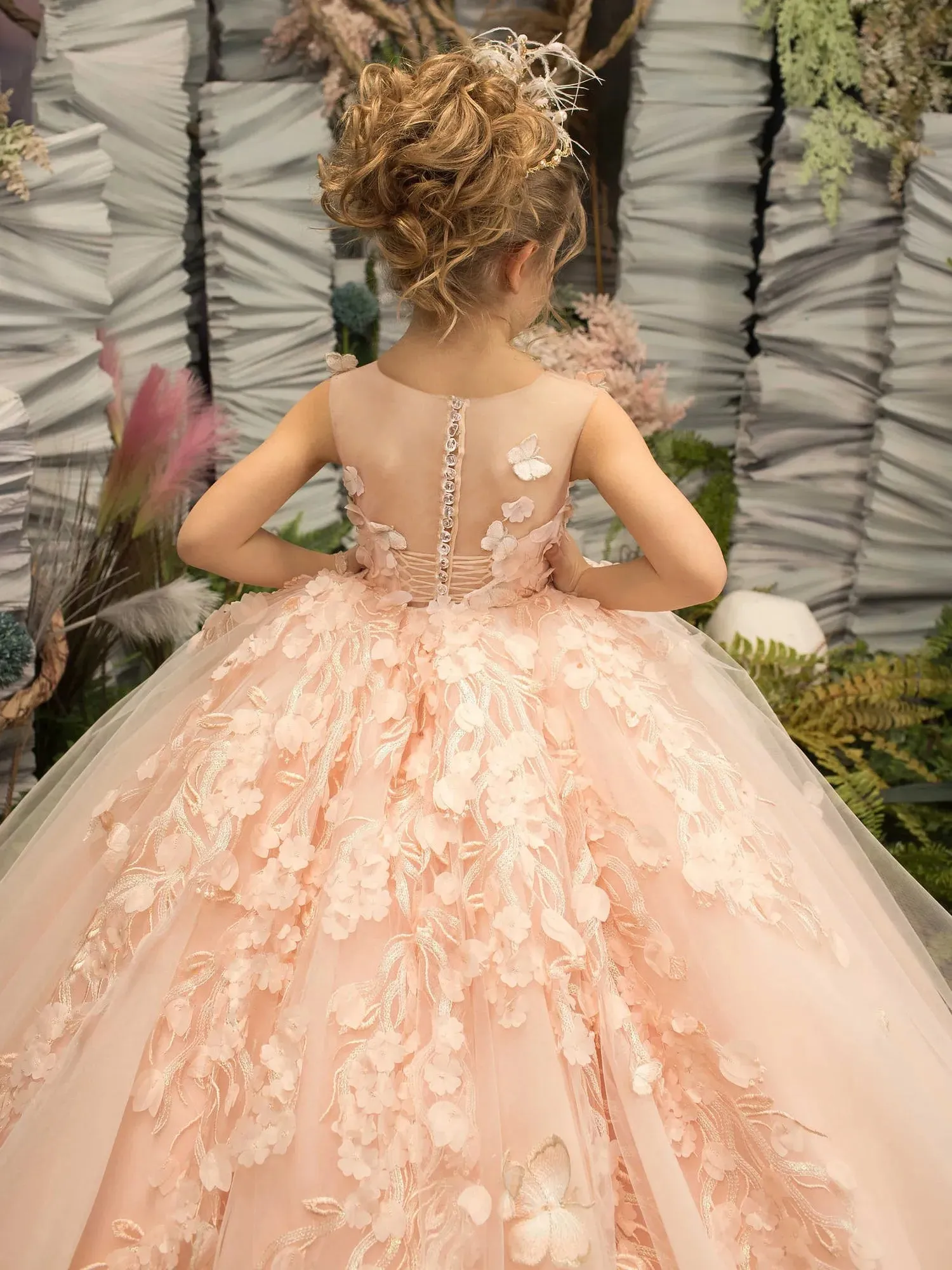 Flower Girl Dresses For Weddings Sleeveless Tulle Party Dress For Kids Girl Lace Appliques Princess Ball Gown Pageant MC2300