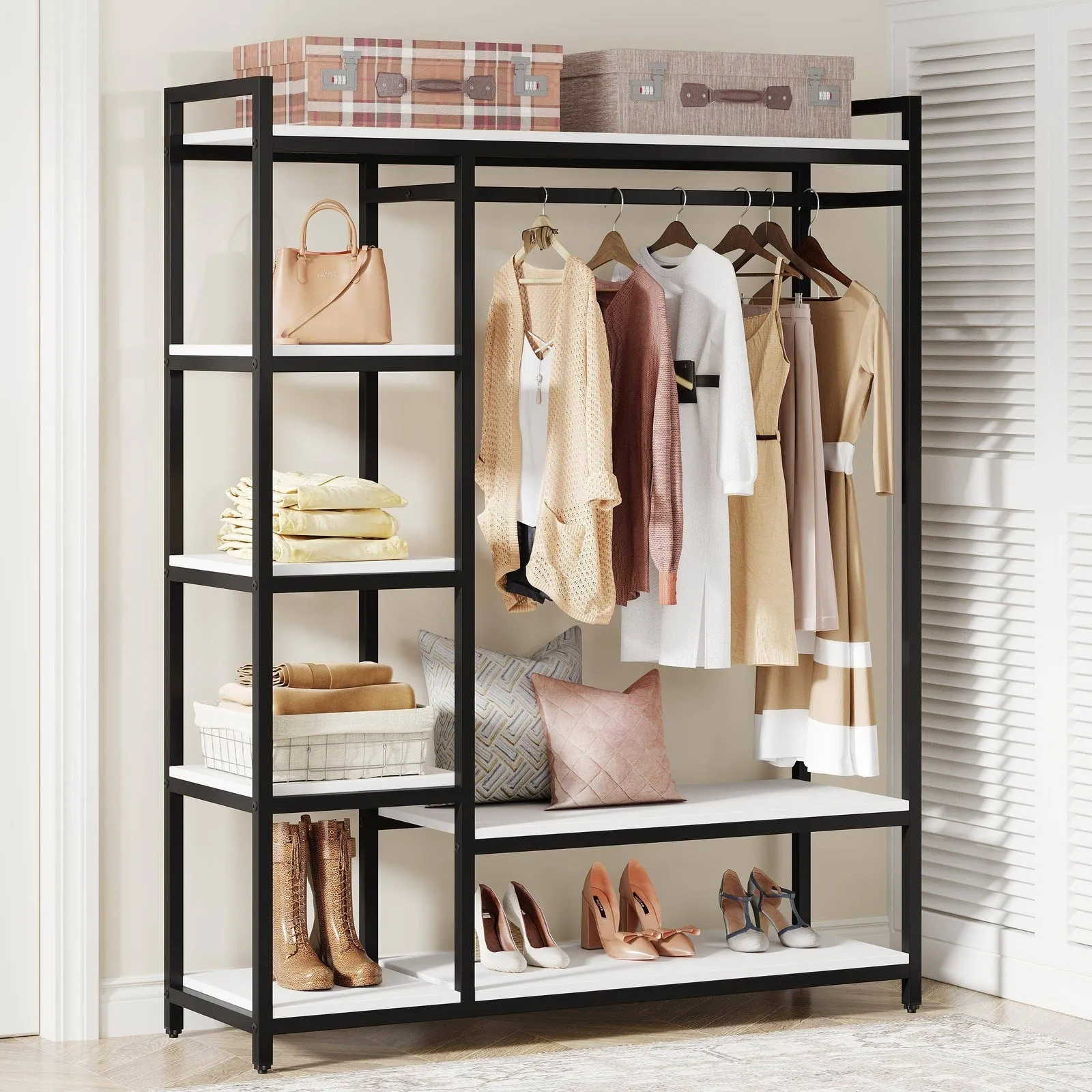 Freestanding Closet Organizer with 6 Shelves and Hanging Bar