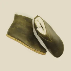 Fur Lining Handmade Barefoot Men's Olive Green Zippered Short Boots