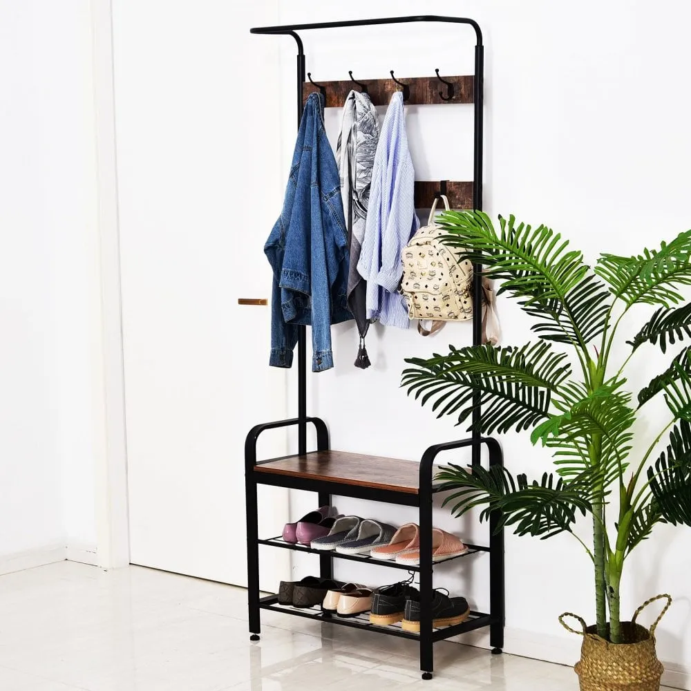 Hallway Organiser Unit Industrial Vintage Hanger for Coats Bags Shoes Freestanding Metal Frame w/ 8 Hook 2 Shelves