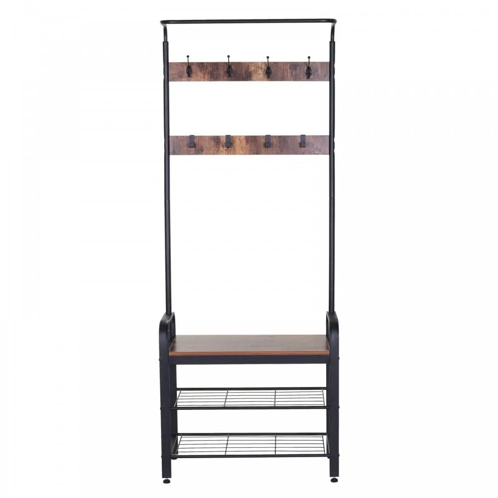 Hallway Organiser Unit Industrial Vintage Hanger for Coats Bags Shoes Freestanding Metal Frame w/ 8 Hook 2 Shelves