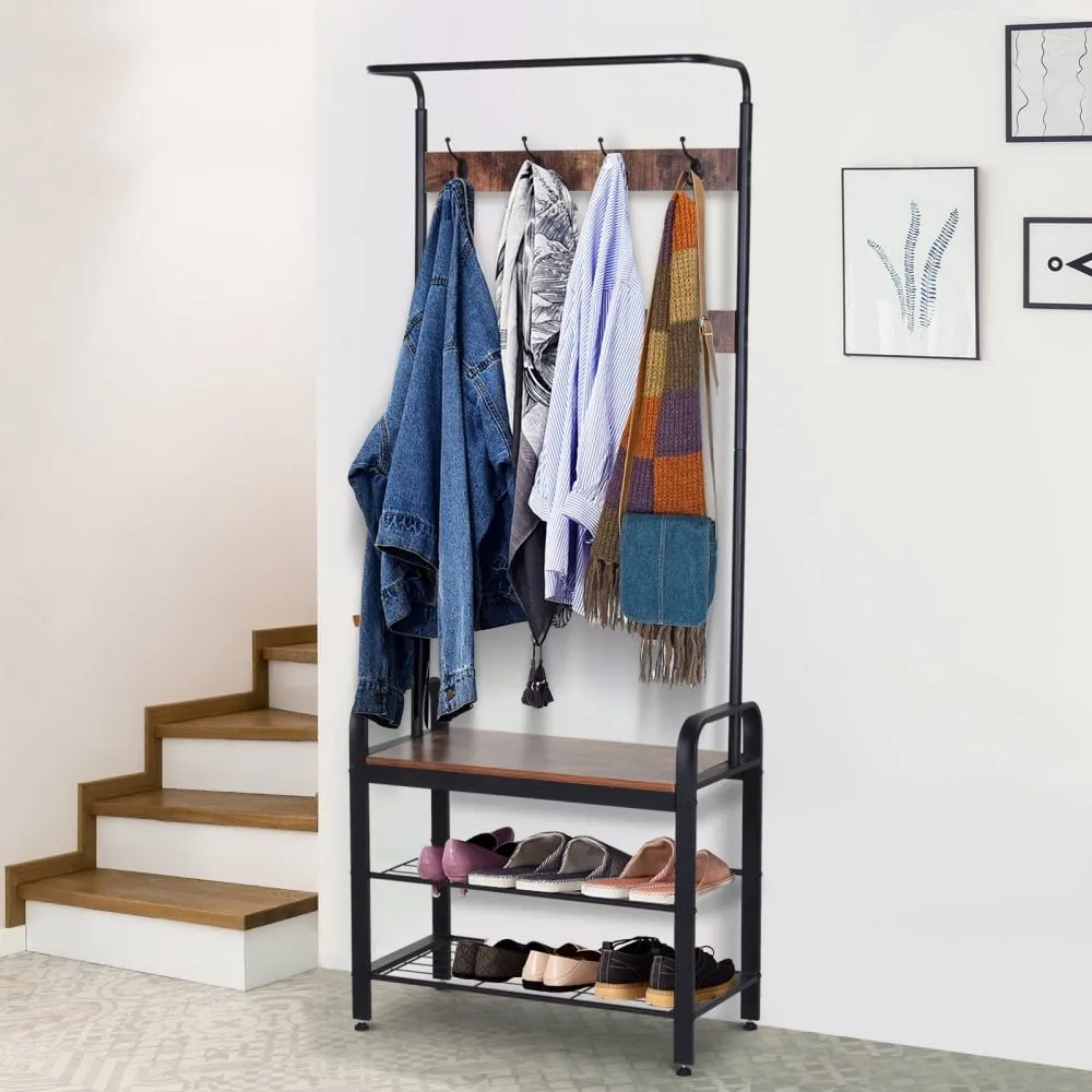 Hallway Organiser Unit Industrial Vintage Hanger for Coats Bags Shoes Freestanding Metal Frame w/ 8 Hook 2 Shelves