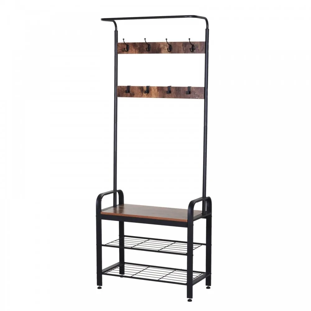 Hallway Organiser Unit Industrial Vintage Hanger for Coats Bags Shoes Freestanding Metal Frame w/ 8 Hook 2 Shelves