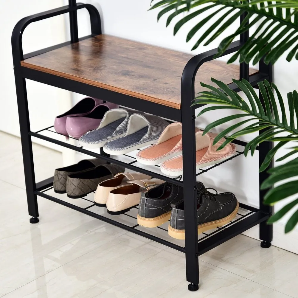 Hallway Organiser Unit Industrial Vintage Hanger for Coats Bags Shoes Freestanding Metal Frame w/ 8 Hook 2 Shelves