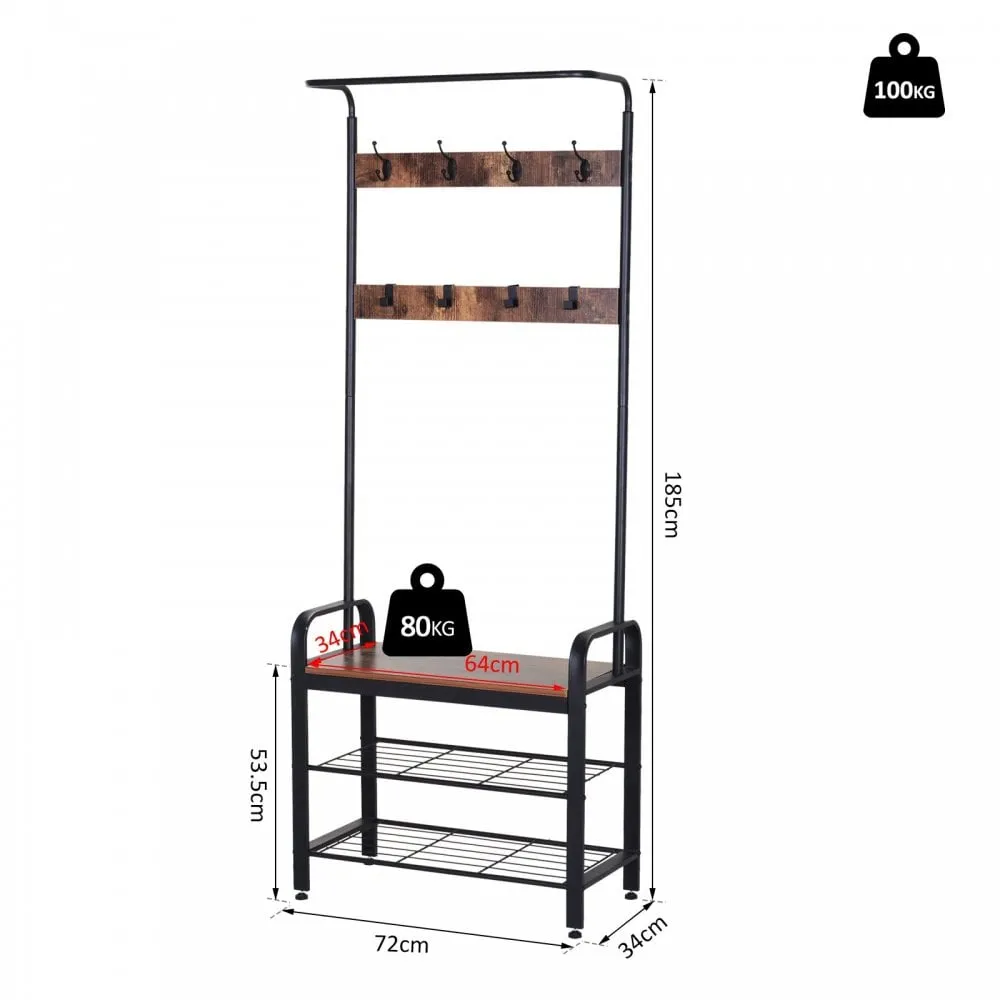 Hallway Organiser Unit Industrial Vintage Hanger for Coats Bags Shoes Freestanding Metal Frame w/ 8 Hook 2 Shelves