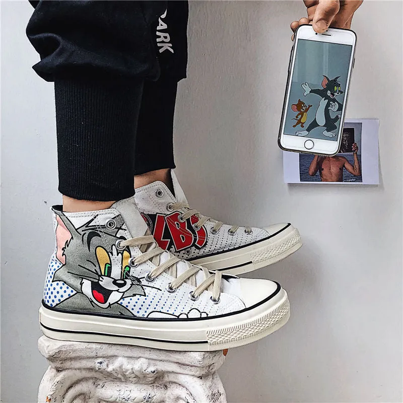 Hand drawn cartoon cat and mouse canvas Shoes