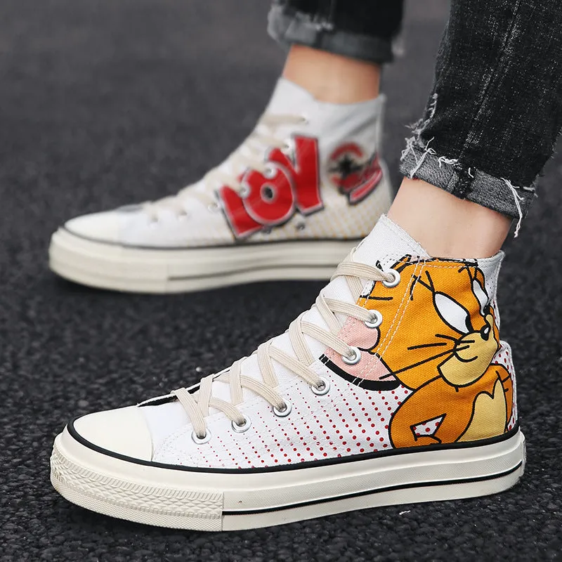 Hand drawn cartoon cat and mouse canvas Shoes