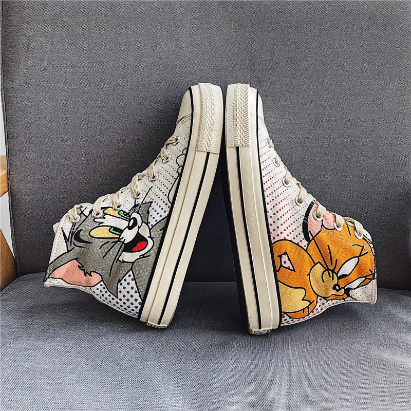 Hand drawn cartoon cat and mouse canvas Shoes