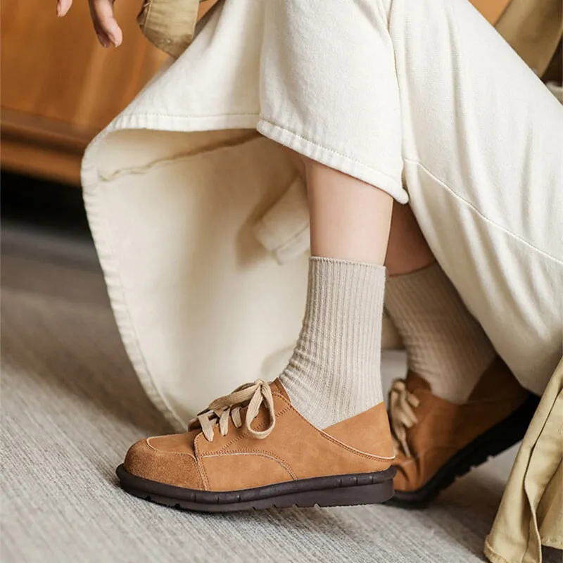 Handmade Soft Leather Oxfords & Tie Flats For Women in Brown/Beige