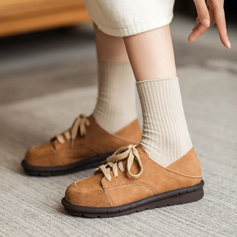 Handmade Soft Leather Oxfords & Tie Flats For Women in Brown/Beige