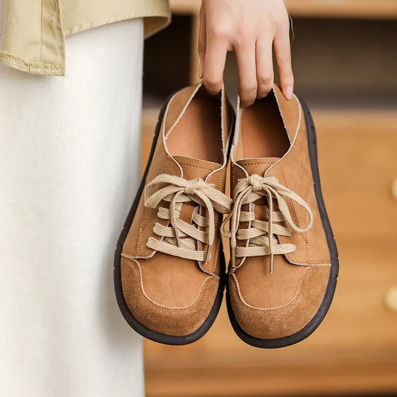 Handmade Soft Leather Oxfords & Tie Flats For Women in Brown/Beige