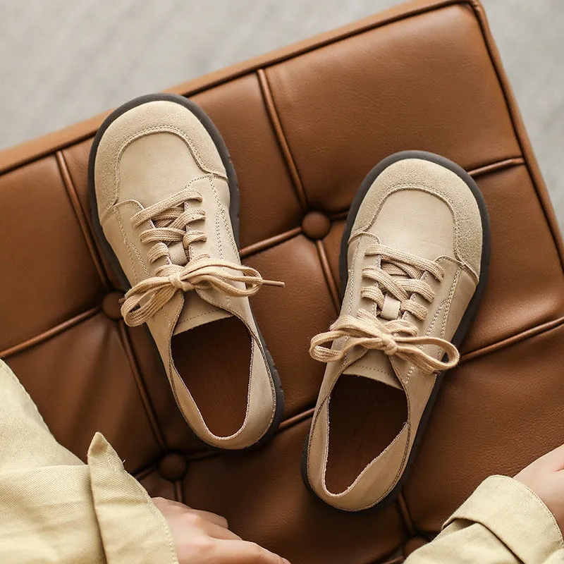 Handmade Soft Leather Oxfords & Tie Flats For Women in Brown/Beige