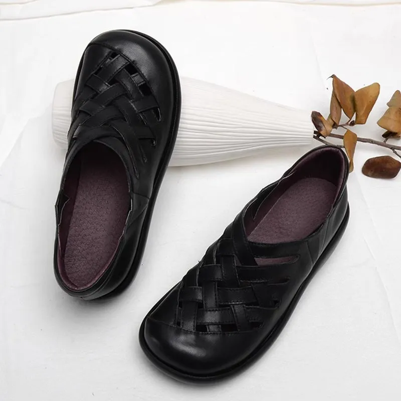 Handmade Woven Leather Flats Women Casual Walking Shoes in Black/Gray