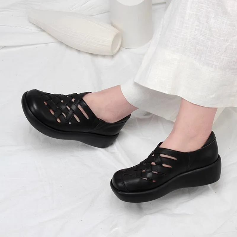 Handmade Woven Leather Flats Women Casual Walking Shoes in Black/Gray