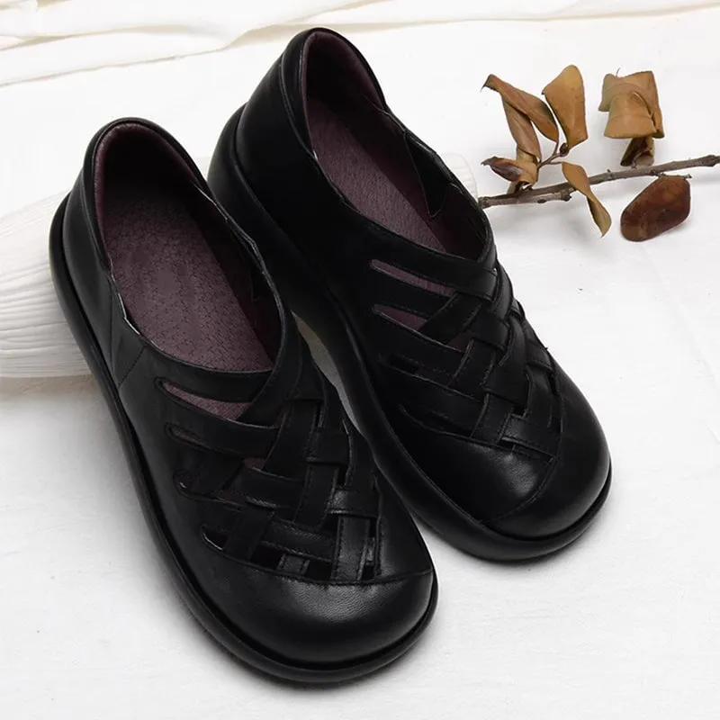 Handmade Woven Leather Flats Women Casual Walking Shoes in Black/Gray