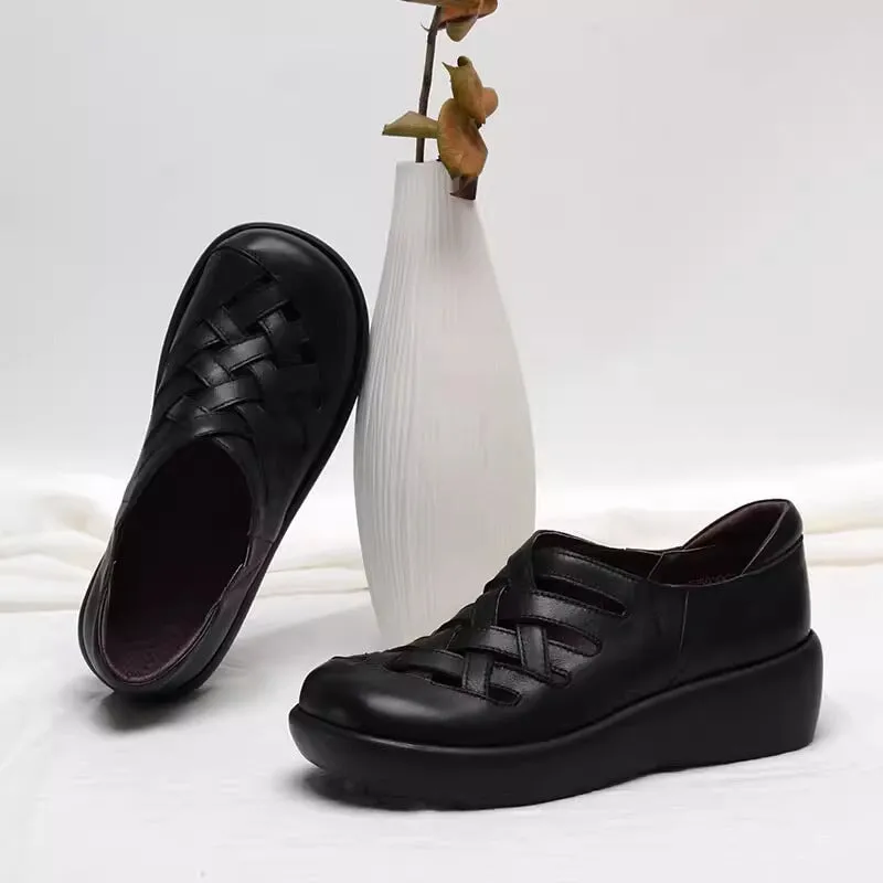 Handmade Woven Leather Flats Women Casual Walking Shoes in Black/Gray