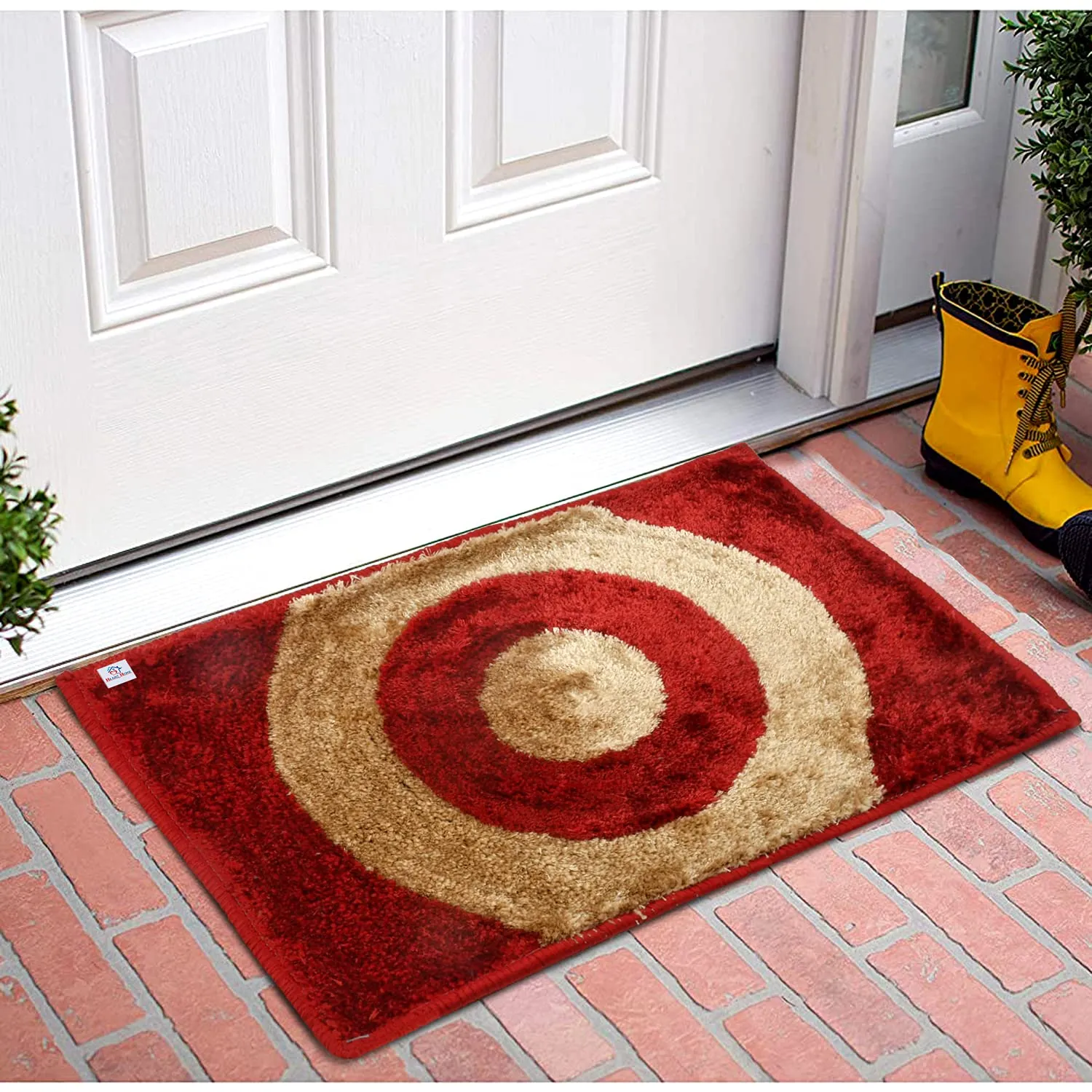 Heart Home Circle Design Soft, Lightweigth Velvet Doormat/Floor Mat (Red & Brown)