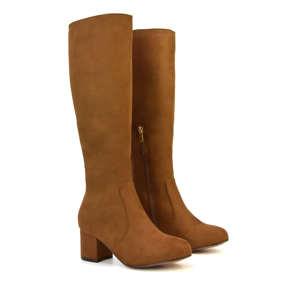 Honey Knee High Boots with Mid Block Heel and Inside Zip in Brown Faux Suede