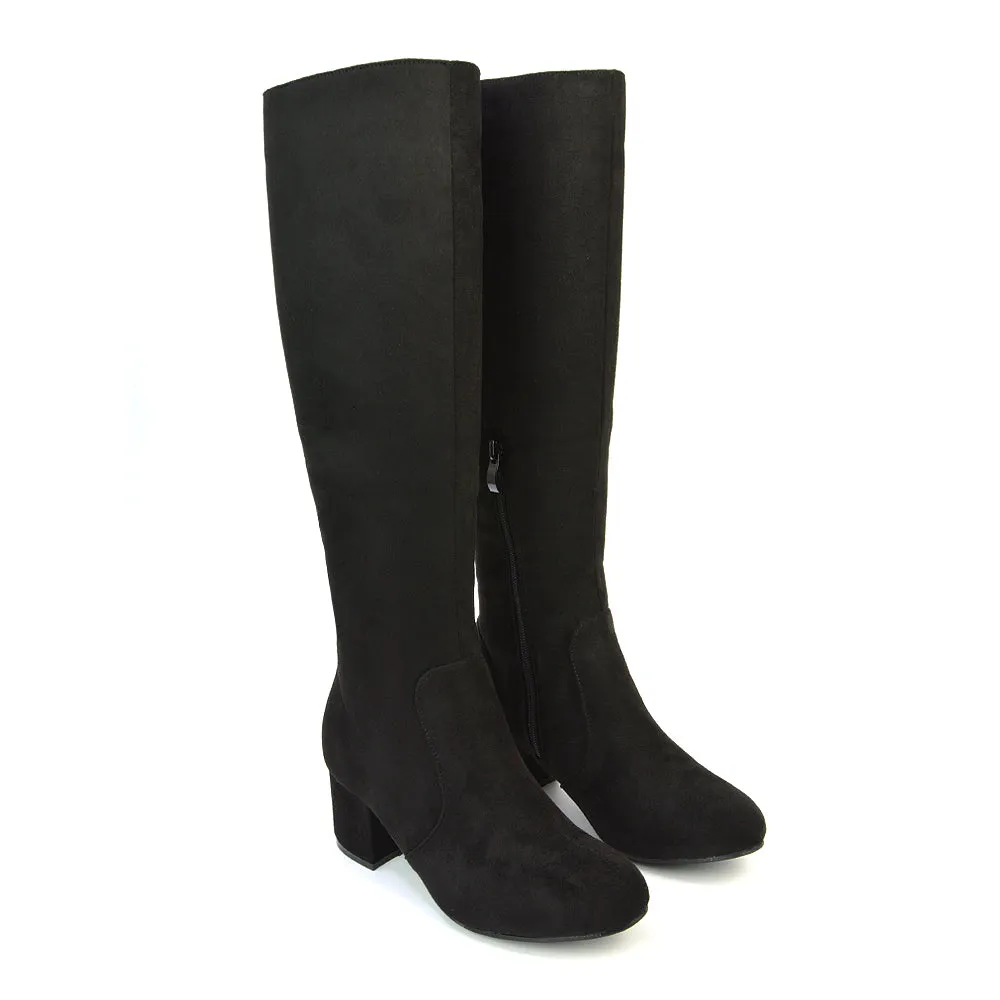 Honey Knee High Boots with Mid Block Heel and Inside Zip in Brown Faux Suede