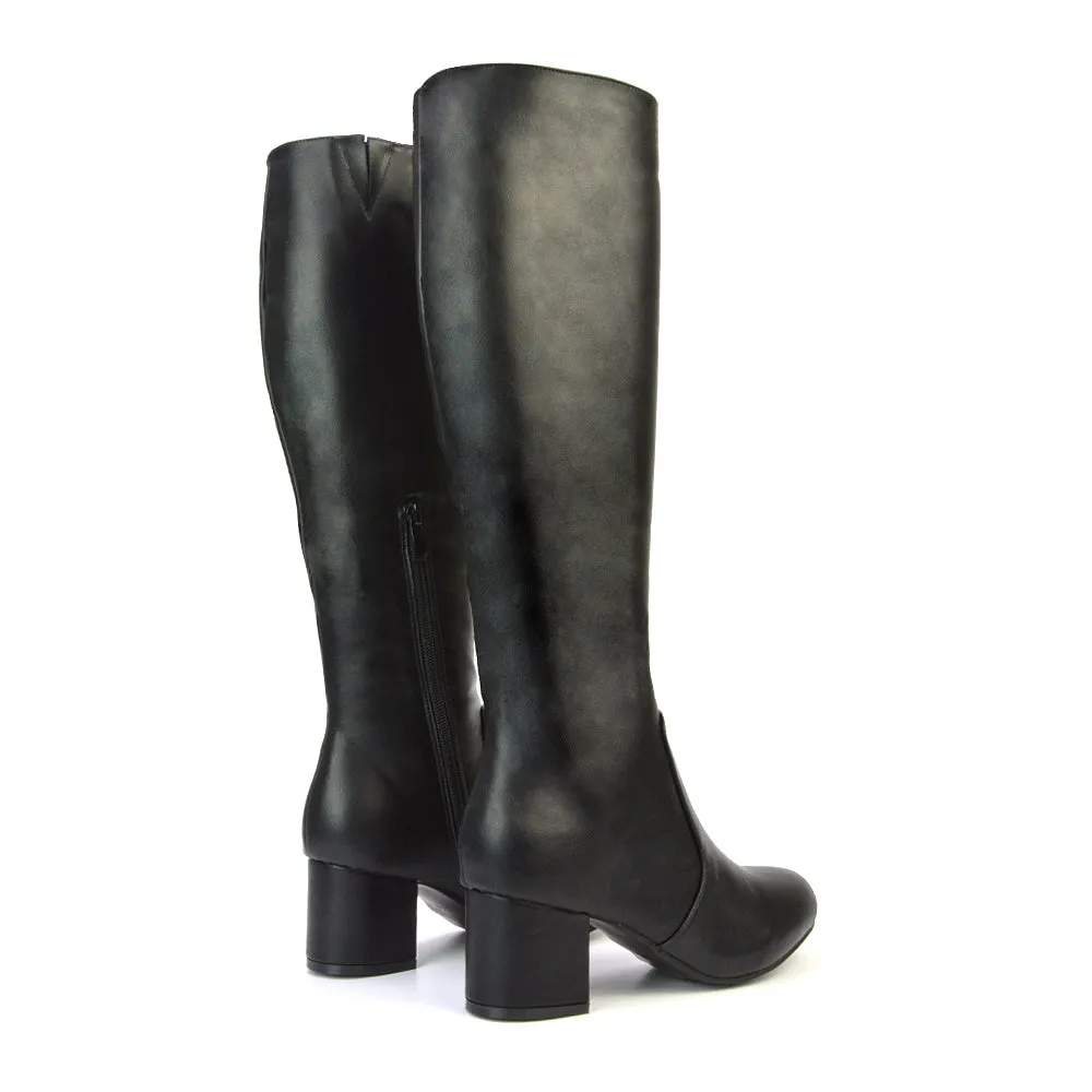 Honey Knee High Boots with Mid Block Heel and Inside Zip in Brown Faux Suede