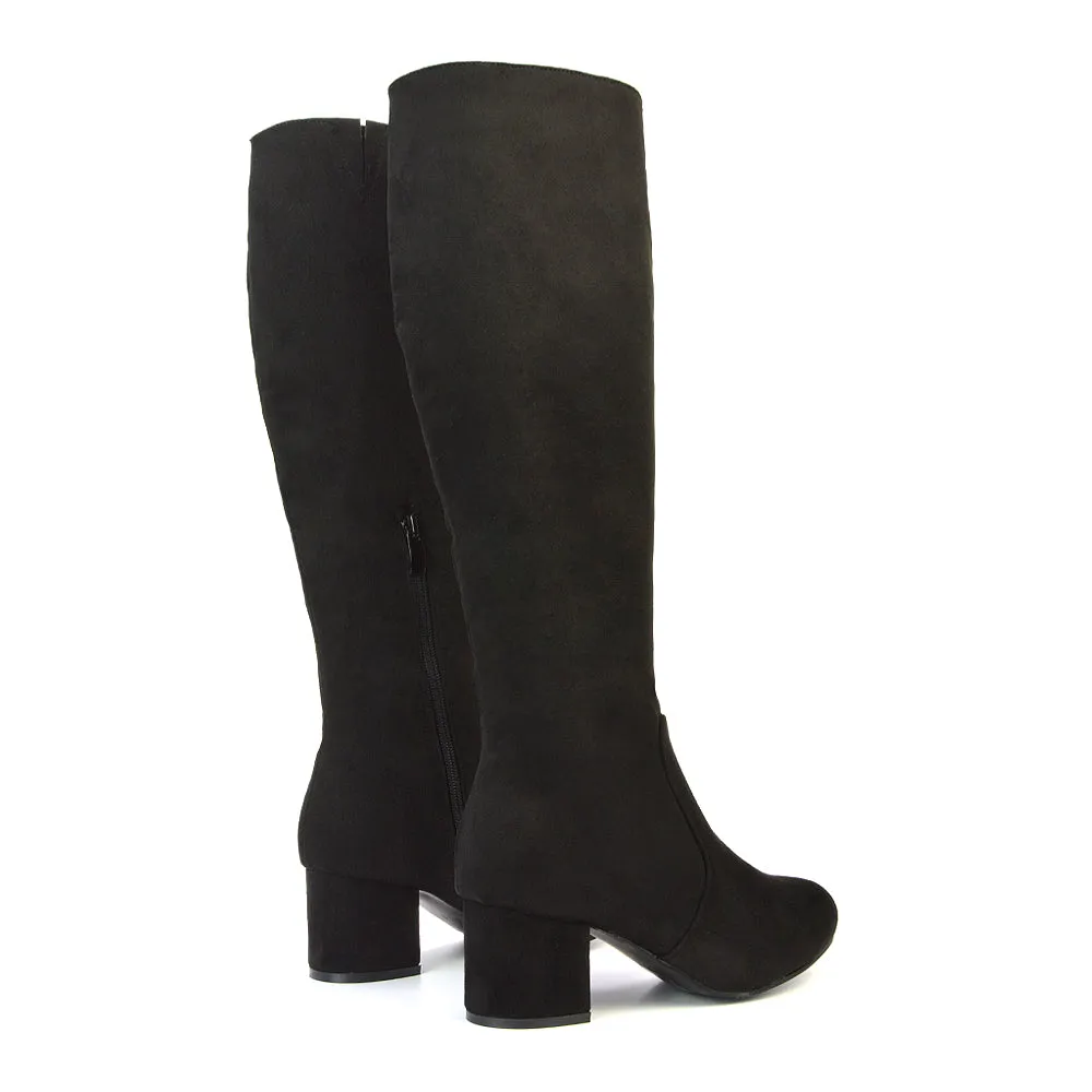 Honey Knee High Boots with Mid Block Heel and Inside Zip in Brown Faux Suede