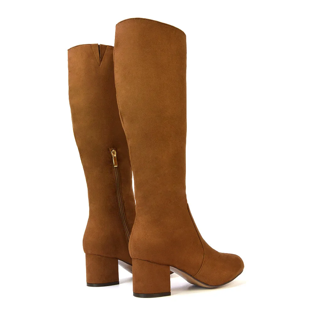 Honey Knee High Boots with Mid Block Heel and Inside Zip in Brown Faux Suede