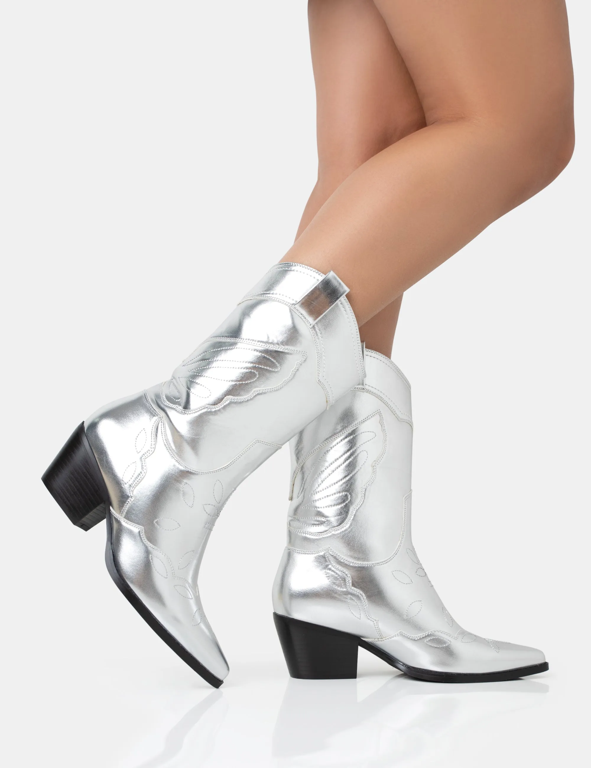 Howdy Silver Pu Pointed Toe Western Cowboy Block Ankle Boots