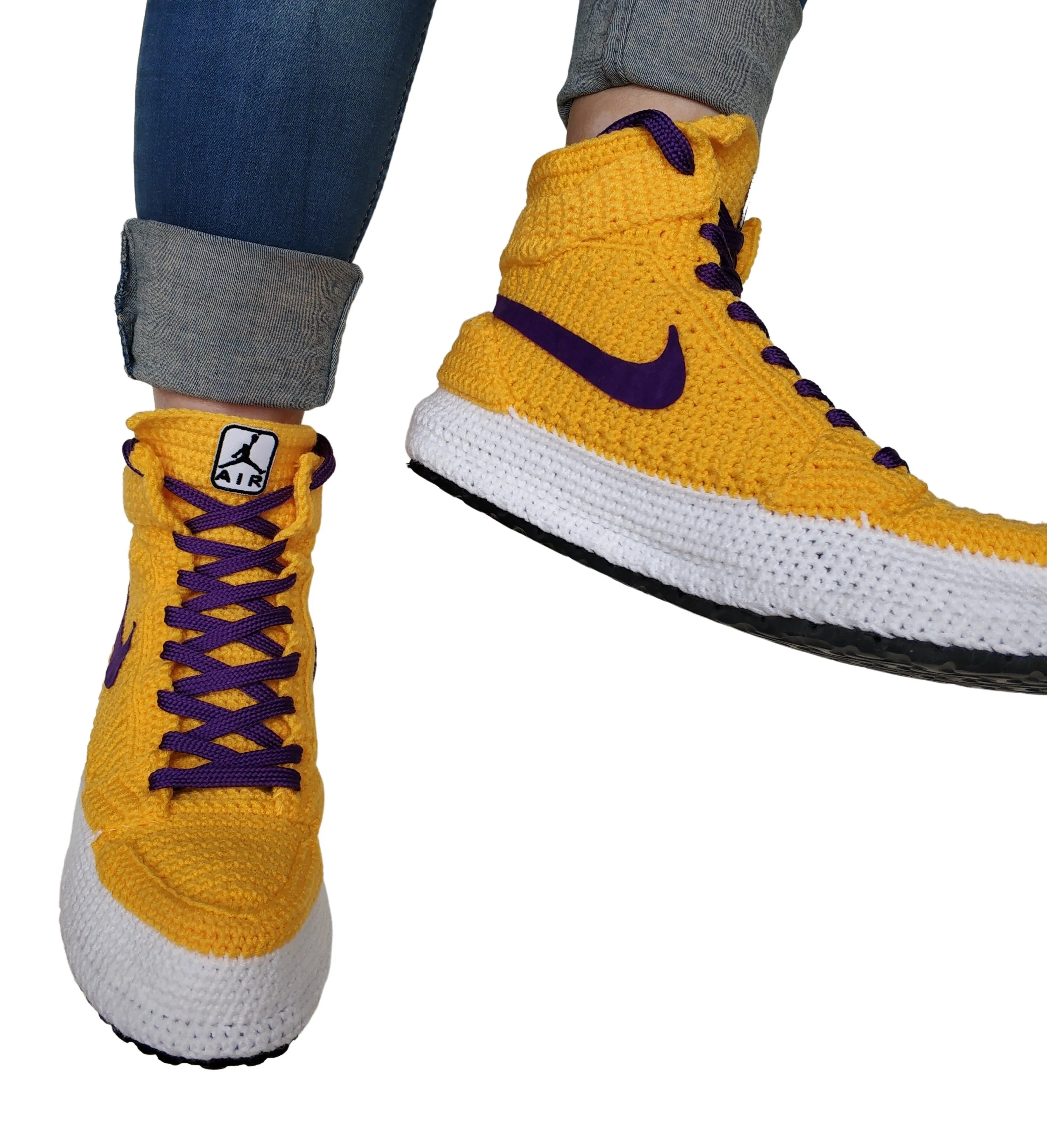 LA Lakers Kobe Bryant Custom Jordan 1 Purple / Yellow Sneakers Handmade Crochet Slippers