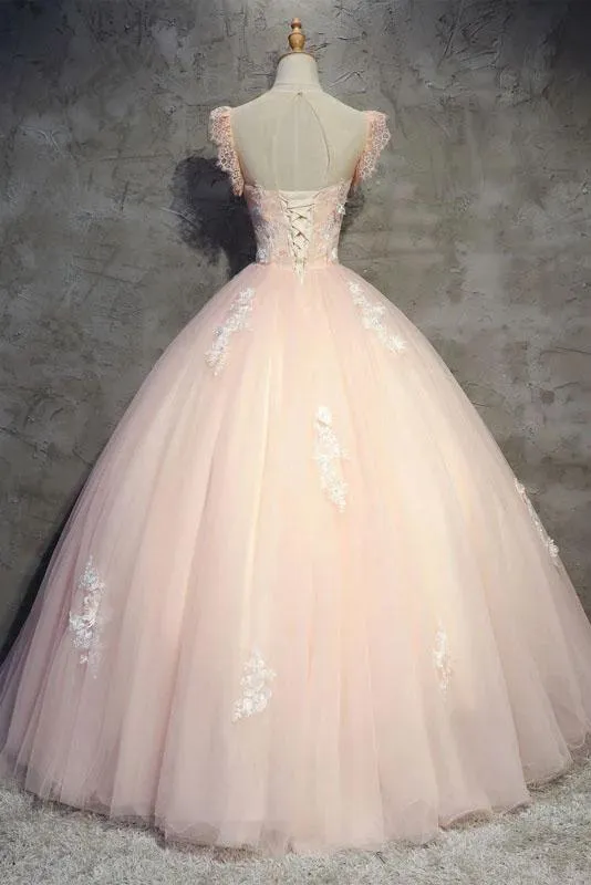 Light Peach Tulle Long Prom Dress with Flowers, Princess Ball Gown Sheer Neck Party Dress M1807