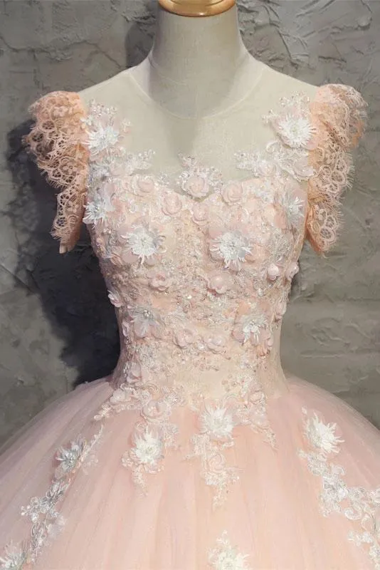 Light Peach Tulle Long Prom Dress with Flowers, Princess Ball Gown Sheer Neck Party Dress M1807