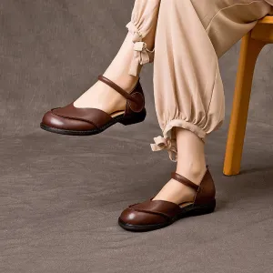 Mary Jane Comfy Leather Braided Belt Flats Cut Out Design in Coffee